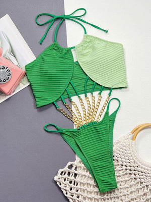 Contrast Halter Neck Chain Detail One - Piece Swimsuit - StyleLure