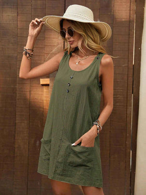 Decor Button Mini Tank Dress with Pockets - StyleLure