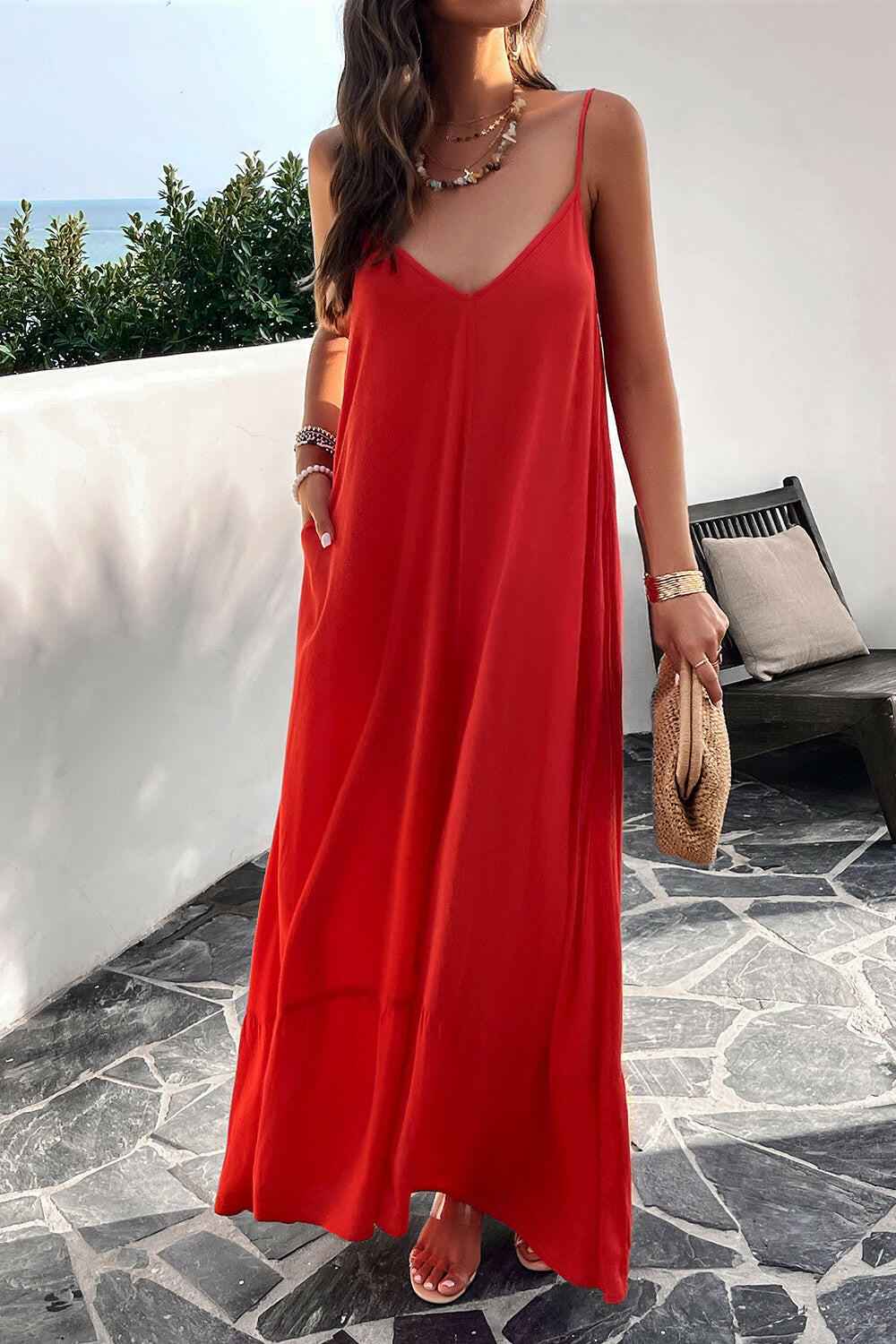 Devine Backless Maxi Cami Dress with Pockets - StyleLure