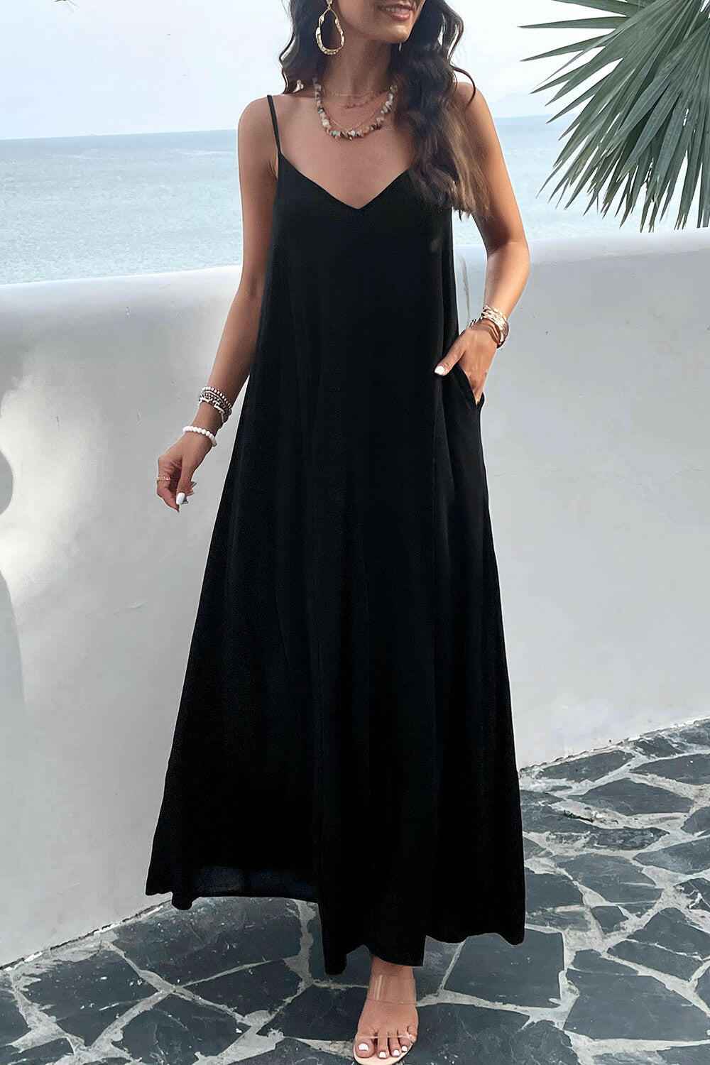 Devine Backless Maxi Cami Dress with Pockets - StyleLure