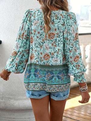 Devine Bohemian Tie Neck Lantern Sleeve Blouse - StyleLure