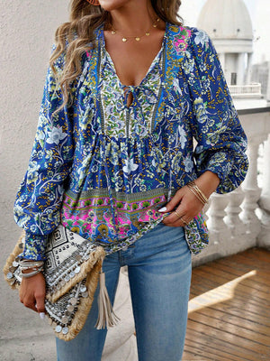 Devine Bohemian Tie Neck Lantern Sleeve Blouse - StyleLure