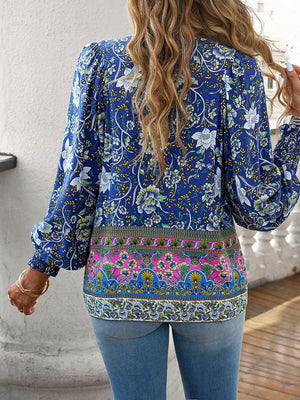Devine Bohemian Tie Neck Lantern Sleeve Blouse - StyleLure