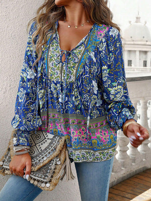 Devine Bohemian Tie Neck Lantern Sleeve Blouse - StyleLure