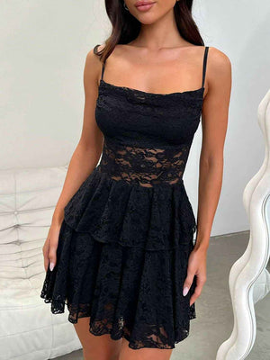 Devine Lace - Up Layered Lace Mini Cami Dress - StyleLure