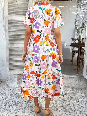 Devine Printed Johnny Collar Button Down Short Sleeve Midi Shirt Dress - StyleLure