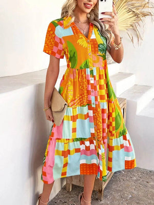 Devine Printed Johnny Collar Button Down Short Sleeve Midi Shirt Dress - StyleLure