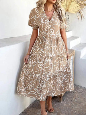 Devine Printed Johnny Collar Button Down Short Sleeve Midi Shirt Dress - StyleLure