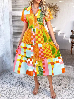 Devine Printed Johnny Collar Button Down Short Sleeve Midi Shirt Dress - StyleLure