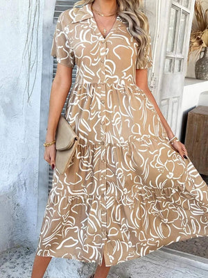 Devine Printed Johnny Collar Button Down Short Sleeve Midi Shirt Dress - StyleLure