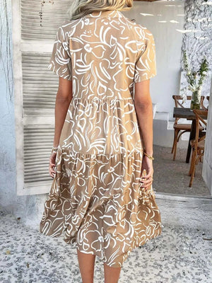 Devine Printed Johnny Collar Button Down Short Sleeve Midi Shirt Dress - StyleLure