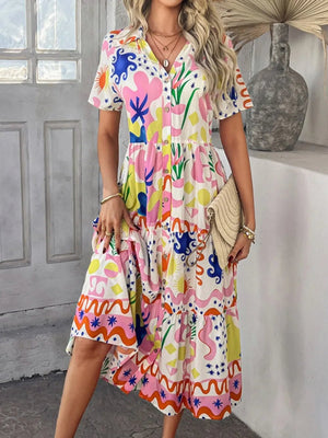 Devine Printed Johnny Collar Button Down Short Sleeve Midi Shirt Dress - StyleLure