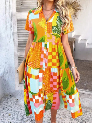 Devine Printed Johnny Collar Button Down Short Sleeve Midi Shirt Dress - StyleLure