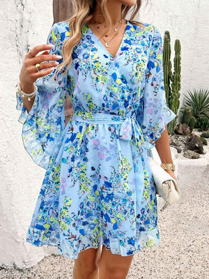 Devine Ruffled Printed Surplice Half Sleeve Mini Dress - StyleLure