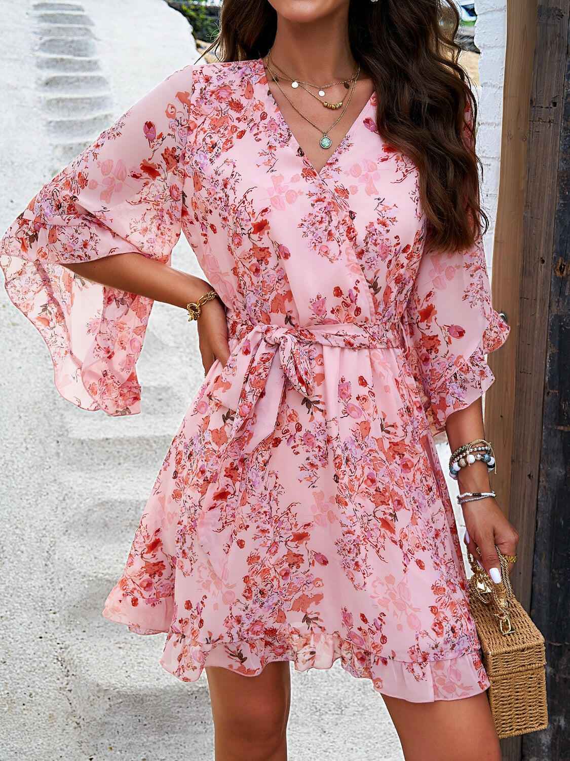 Devine Ruffled Printed Surplice Half Sleeve Mini Dress - StyleLure