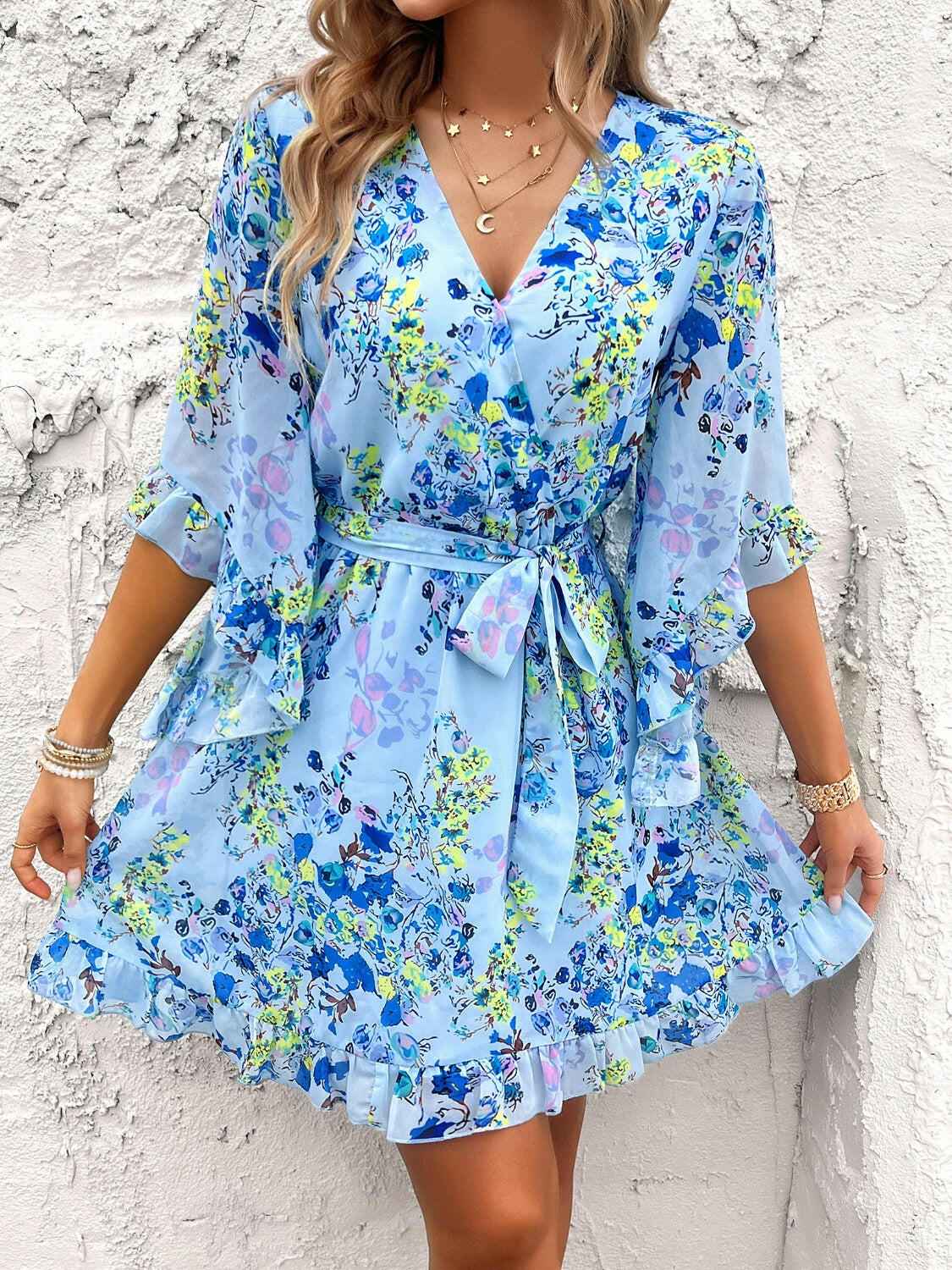 Devine Ruffled Printed Surplice Half Sleeve Mini Dress - StyleLure