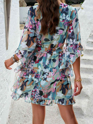 Devine Ruffled Printed Surplice Half Sleeve Mini Dress - StyleLure