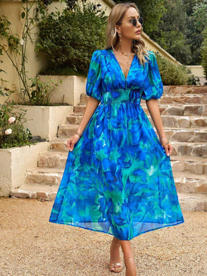 Devine Smocked Printed V - Neck Half Sleeve Midi Dress - StyleLure