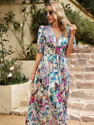 Devine Smocked Printed V - Neck Half Sleeve Midi Dress - StyleLure