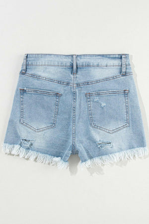Distressed Raw Hem High Waist Denim Shorts - StyleLure