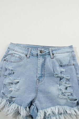 Distressed Raw Hem High Waist Denim Shorts - StyleLure