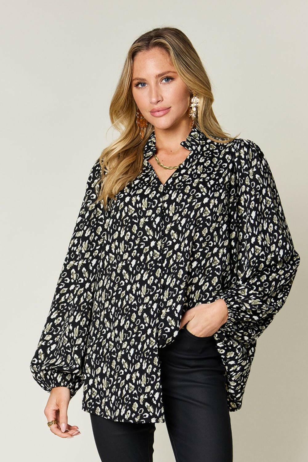 Double Take Full Size Leopard Long Sleeve Blouse - StyleLure