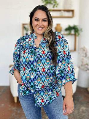 Double Take Full Size Printed Balloon Sleeve Blouse - StyleLure