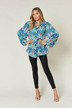 Double Take Full Size Printed Balloon Sleeve Blouse - StyleLure