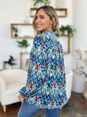 Double Take Full Size Printed Balloon Sleeve Blouse - StyleLure