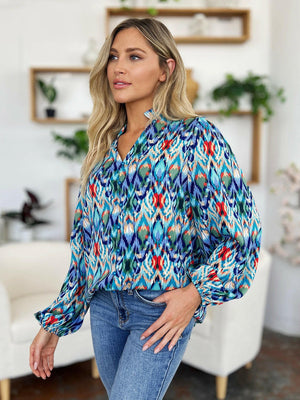 Double Take Full Size Printed Balloon Sleeve Blouse - StyleLure
