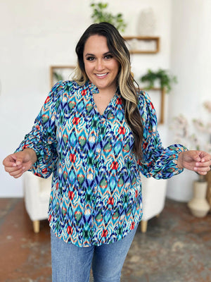 Double Take Full Size Printed Balloon Sleeve Blouse - StyleLure