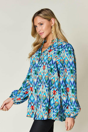 Double Take Full Size Printed Balloon Sleeve Blouse - StyleLure