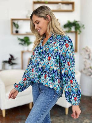 Double Take Full Size Printed Balloon Sleeve Blouse - StyleLure