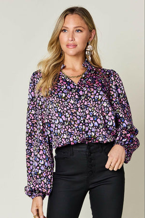 Double Take Full Size Printed Balloon Sleeve Shirt - StyleLure