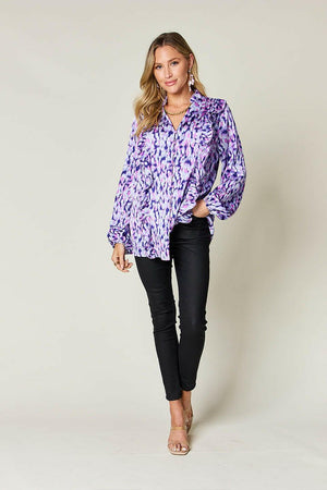 Double Take Full Size Printed Ruffle Trim Balloon Sleeve Shirt - StyleLure