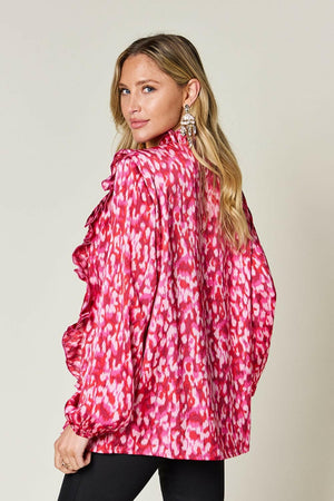 Double Take Full Size Printed Ruffle Trim Balloon Sleeve Shirt - StyleLure