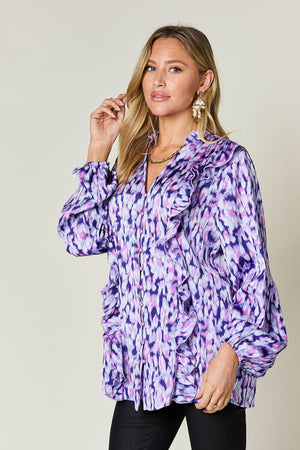 Double Take Full Size Printed Ruffle Trim Balloon Sleeve Shirt - StyleLure
