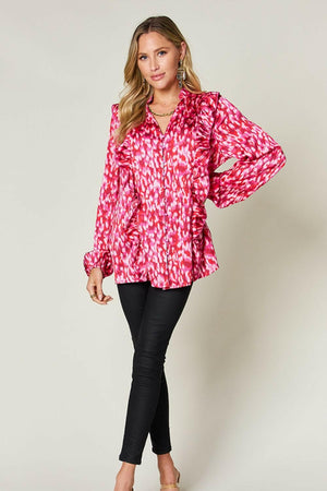 Double Take Full Size Printed Ruffle Trim Balloon Sleeve Shirt - StyleLure