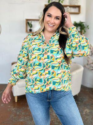 Double Take Full Size Printed Smocked Long Sleeve Blouse - StyleLure