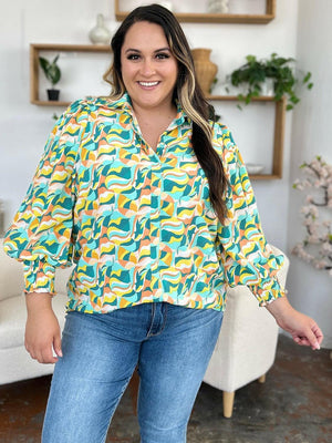 Double Take Full Size Printed Smocked Long Sleeve Blouse - StyleLure