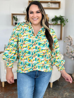 Double Take Full Size Printed Smocked Long Sleeve Blouse - StyleLure
