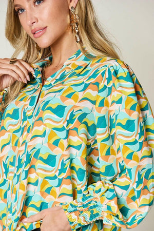 Double Take Full Size Printed Smocked Long Sleeve Blouse - StyleLure