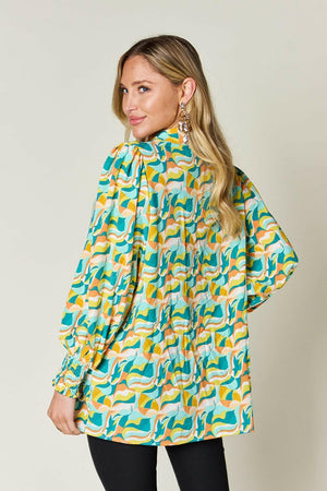 Double Take Full Size Printed Smocked Long Sleeve Blouse - StyleLure