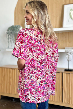 Double Take Full Size Printed V - Neck Short Sleeve Blouse - StyleLure