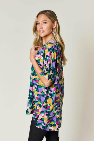 Double Take Full Size Printed V - Neck Short Sleeve Side Slit Top - StyleLure