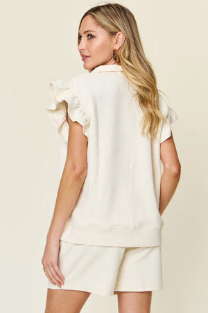 Double Take Full Size Texture Flounce Sleeve Top and Drawstring Shorts Set - StyleLure