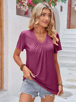 Double Take Ruched V - Neck Short Sleeve T-Shirt - StyleLure