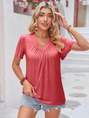 Double Take Ruched V - Neck Short Sleeve T-Shirt - StyleLure