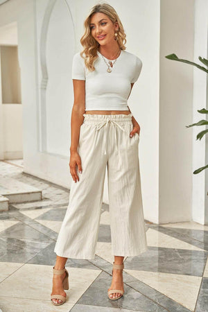 Drawstring Paperbag Waist Wide Leg Pants - StyleLure