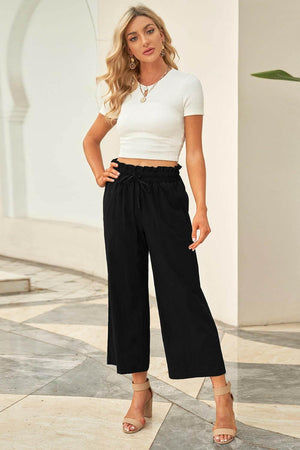 Drawstring Paperbag Waist Wide Leg Pants - StyleLure